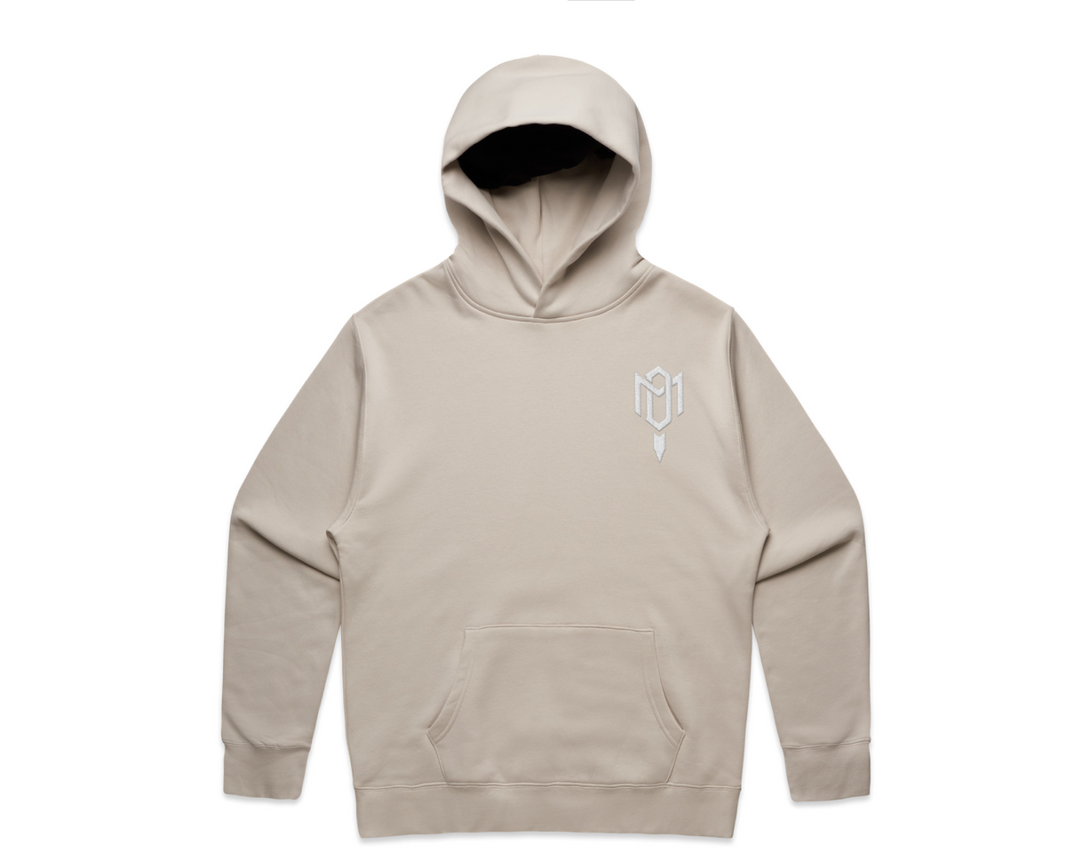 Hooded sweatshirt in pale beige fleece, featuring a kangaroo pocket and small white chest emblem; 2.0 MEN'S HOODED TRACK SUITS collection.