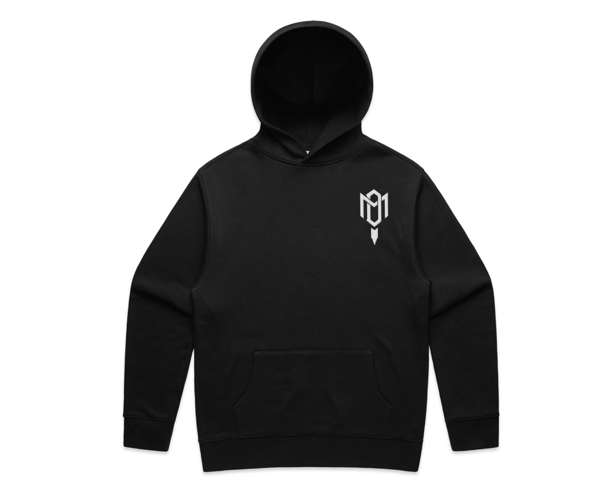 2.0 MEN'S HOODED TRACK SUITS featuring a black fleece pullover hoodie with a kangaroo pocket and white chest logo.