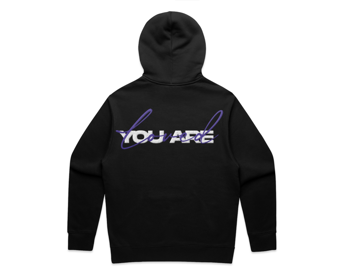 2.0 MEN'S HOODED TRACK SUITS, black fleece hoodie with a pullover hood and purple-and-white back graphic