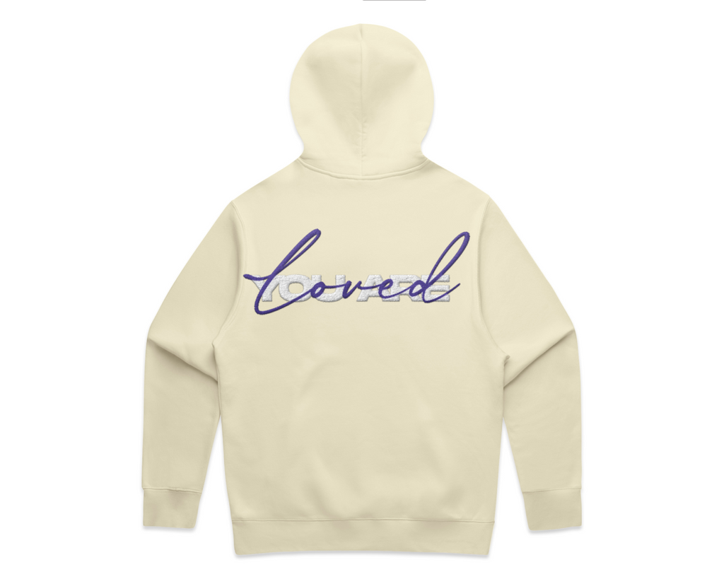 Hooded sweatshirt from 2.0 MEN'S HOODED TRACK SUITS in cream fleece, with a large purple script print across the back.