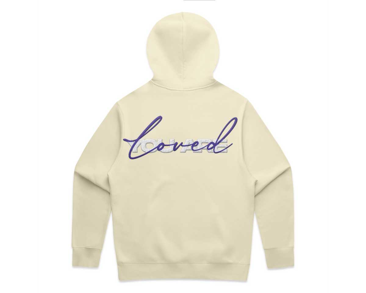 Hooded sweatshirt from 2.0 MEN'S HOODED TRACK SUITS in cream fleece, with a large purple script print across the back.