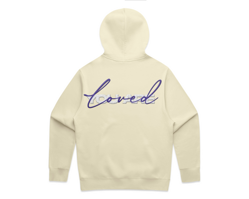 Hooded sweatshirt from 2.0 MEN'S HOODED TRACK SUITS in cream fleece, with a large purple script print across the back.
