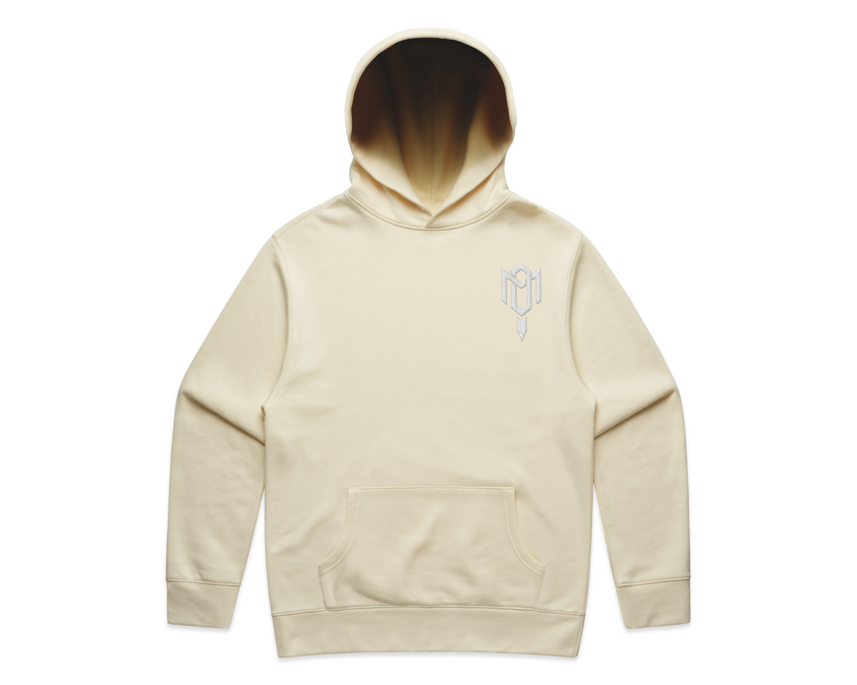 2.0 MEN'S HOODED TRACK SUITS: cream fleece pullover hoodie with a kangaroo pocket, ribbed cuffs and small chest emblem