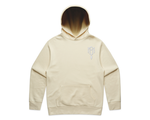 2.0 MEN'S HOODED TRACK SUITS: cream fleece pullover hoodie with a kangaroo pocket, ribbed cuffs and small chest emblem