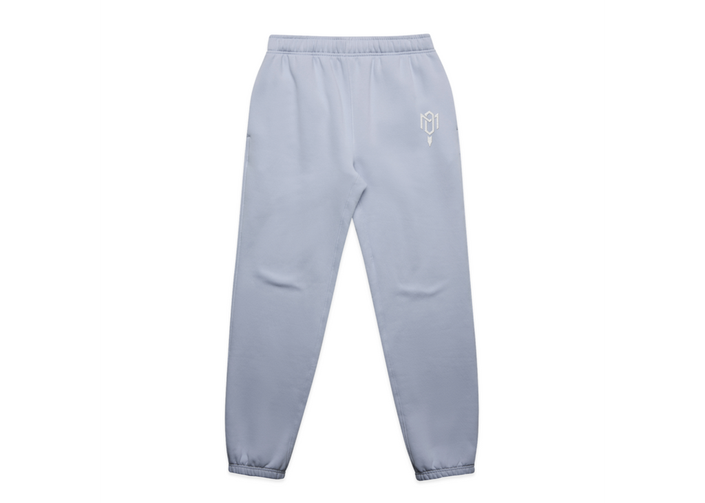 Track pants from 2.0 MEN'S HOODED TRACK SUITS, in pale blue fleece with an elasticated waist, cuffed hems and small white logo.