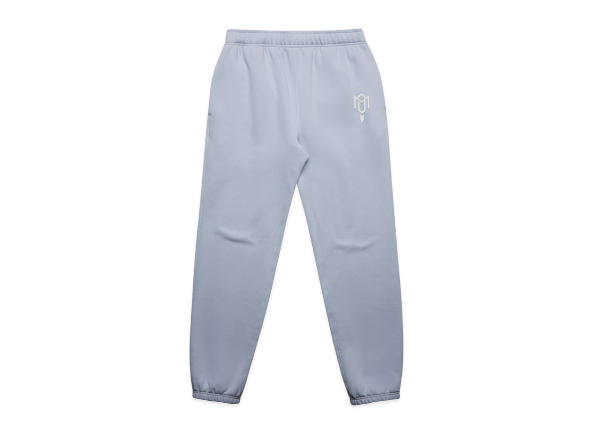 Track pants from 2.0 MEN'S HOODED TRACK SUITS, in pale blue fleece with an elasticated waist, cuffed hems and small white logo.