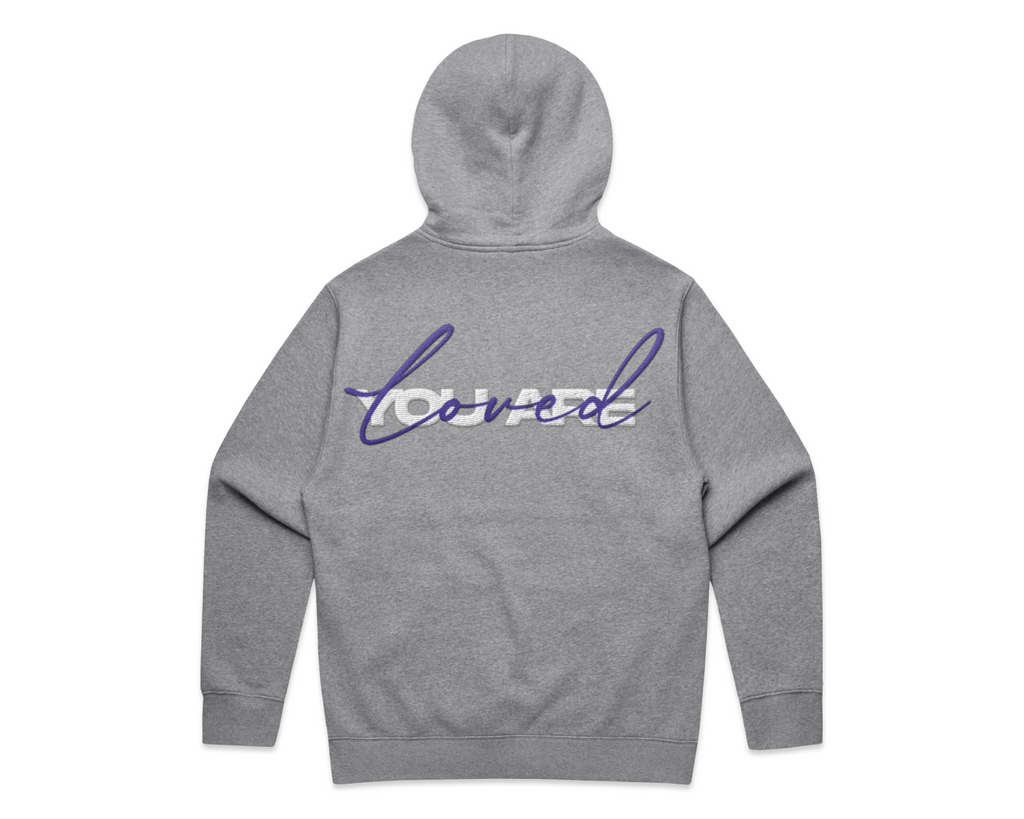 2.0 MEN'S HOODED TRACK SUITS in grey fleece, featuring a hood and large purple script print across the back.