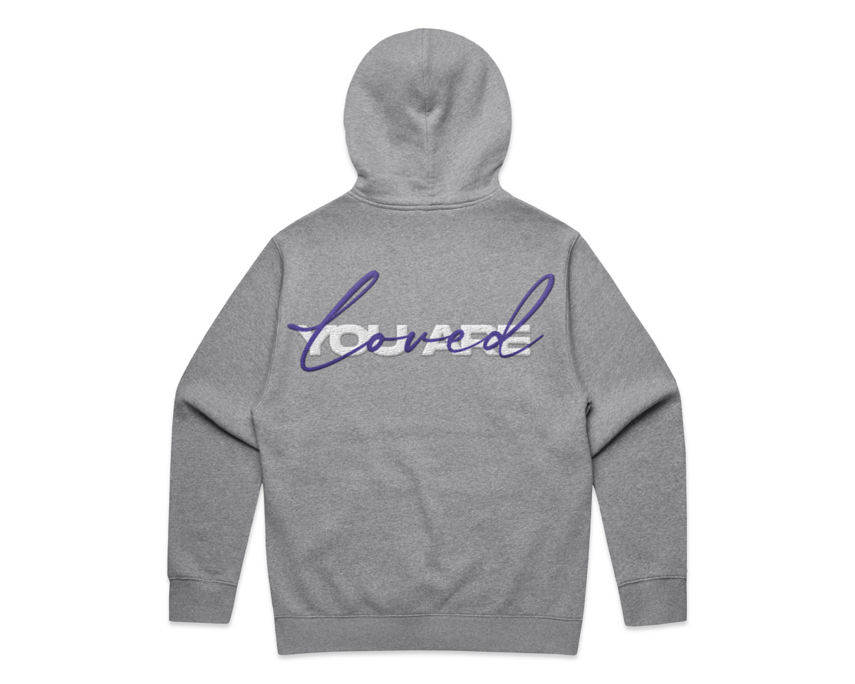 2.0 MEN'S HOODED TRACK SUITS in grey fleece, featuring a hood and large purple script print across the back.