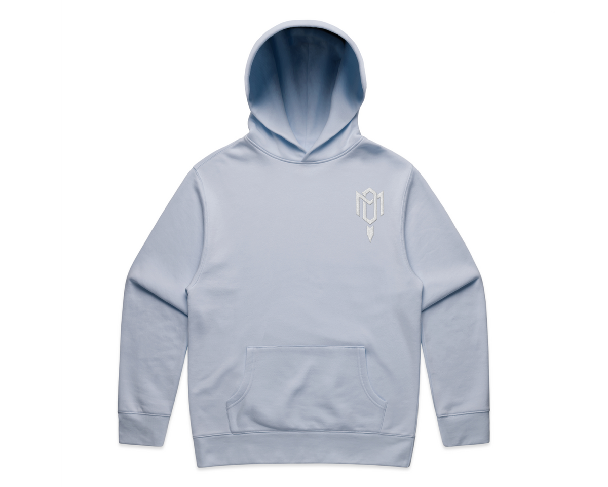Hooded sweatshirt from 2.0 MEN'S HOODED TRACK SUITS, in pale blue fleece with a kangaroo pocket and small chest emblem.