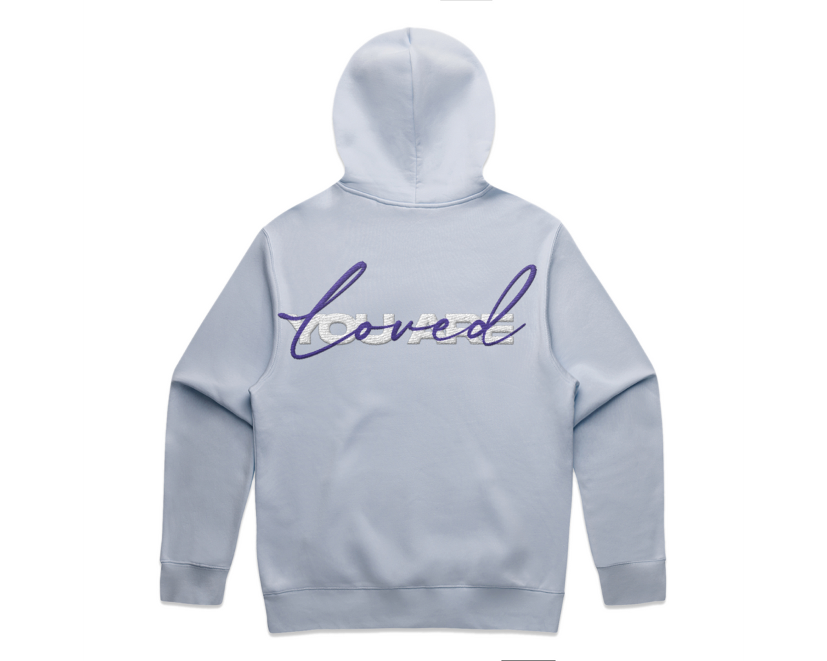 Hooded sweatshirt from 2.0 MEN'S HOODED TRACK SUITS, pale blue cotton fleece with purple script graphic across the back.