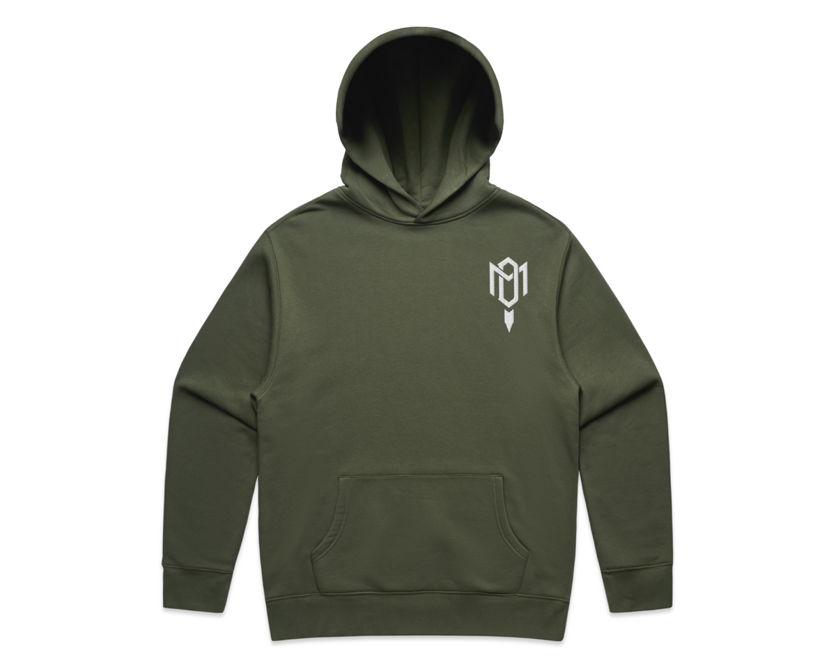 2.0 MEN'S HOODED TRACK SUITS hoodie in dark olive fleece, with a pullover hood, kangaroo pocket and white chest emblem.