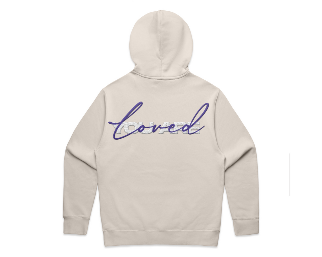 2.0 MEN'S HOODED TRACK SUITS: light beige fleece hoodie with a hood and blue script print across the back.