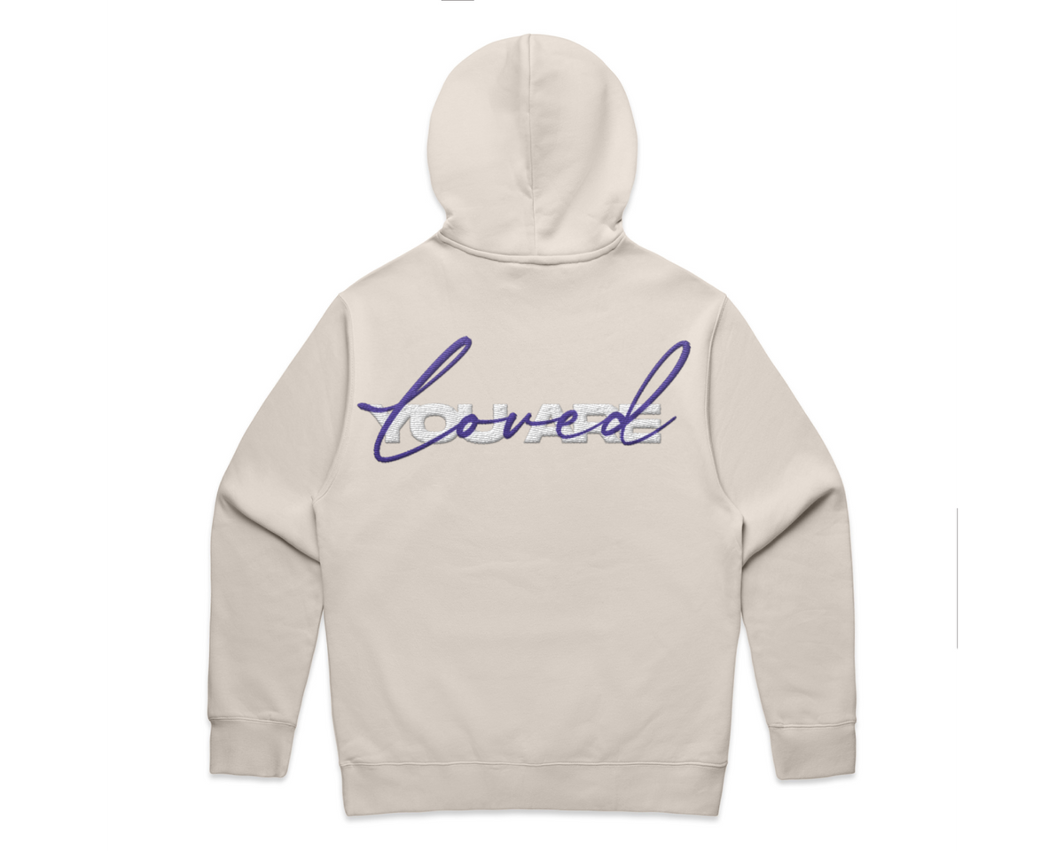 2.0 MEN'S HOODED TRACK SUITS: light beige fleece hoodie with a hood and blue script print across the back.