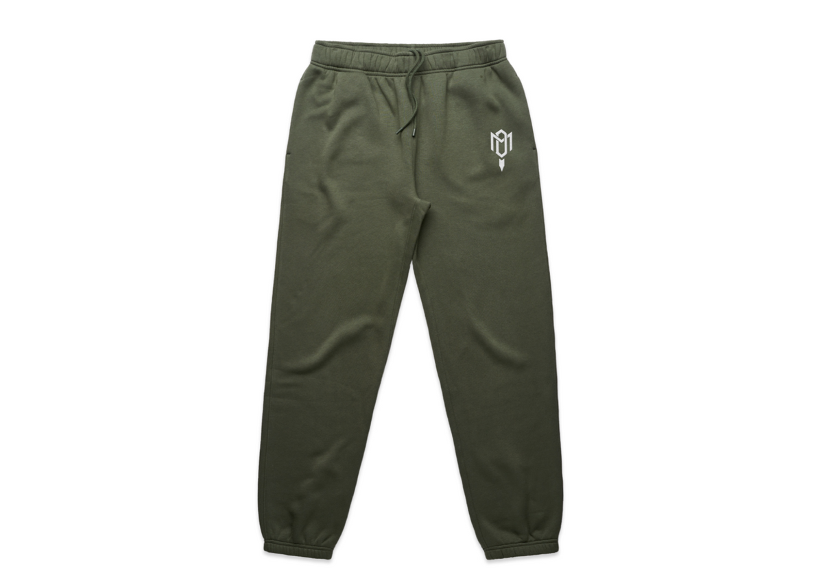 2.0 MEN'S HOODED TRACK SUITS fleece track pants in dark olive with a white emblem, drawstring waist and cuffed hems.