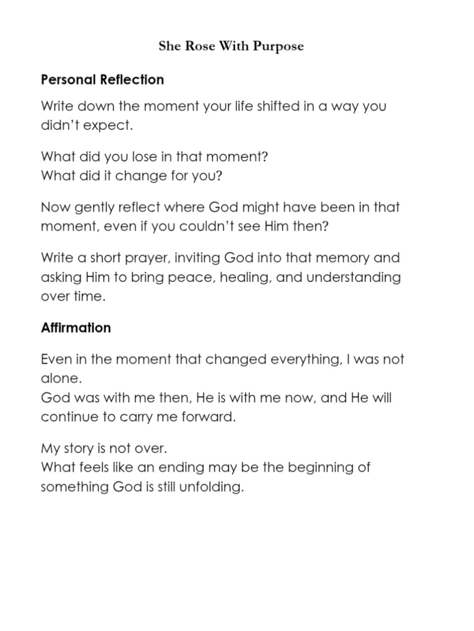 Interior page of She Rose With Purpose with Personal Reflection prompts on loss, prayer, and healing, plus faith affirmations.