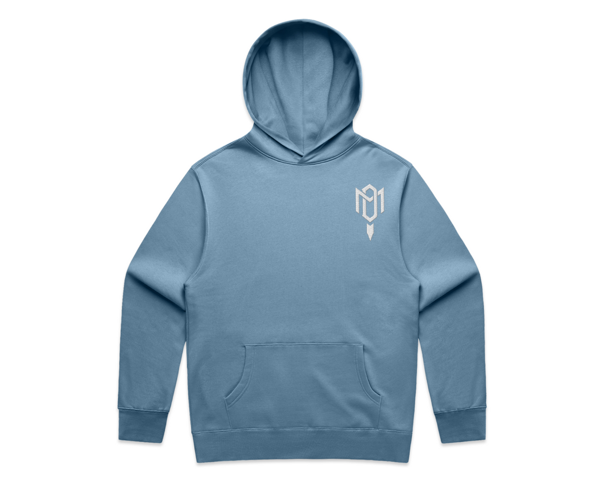 DMROZE 2.0 MEN'S HOODIES in blue cotton fleece with embroidered chest logo, pullover hood and kangaroo pocket