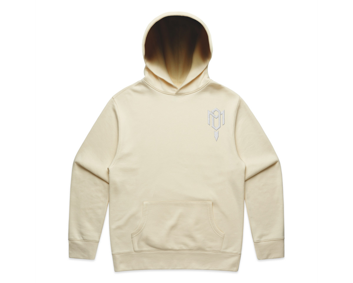DMROZE 2.0 MEN'S HOODIES cream cotton fleece pullover hoodie with subtle chest embroidery and kangaroo pocket