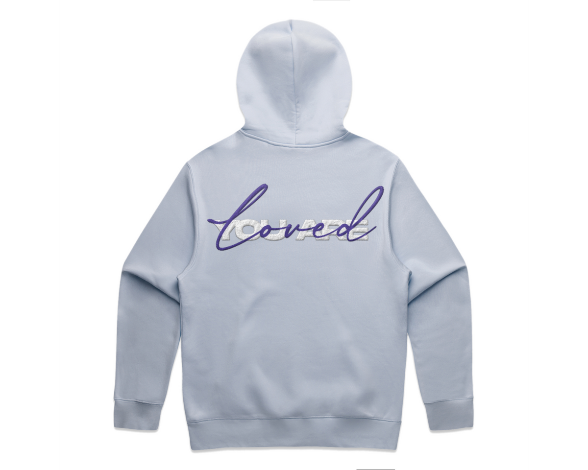 DMROZE 2.0 MEN'S HOODIES light blue cotton fleece hoodie with purple embroidered Loved lettering on the back