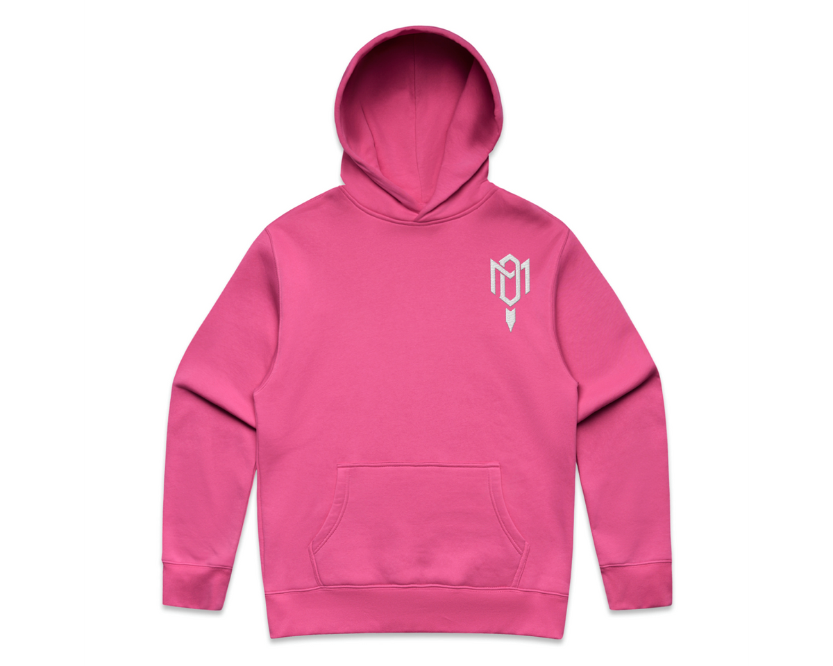DMROZE 2.0 MEN'S HOODIES pink cotton fleece pullover with white embroidered chest logo and kangaroo pocket