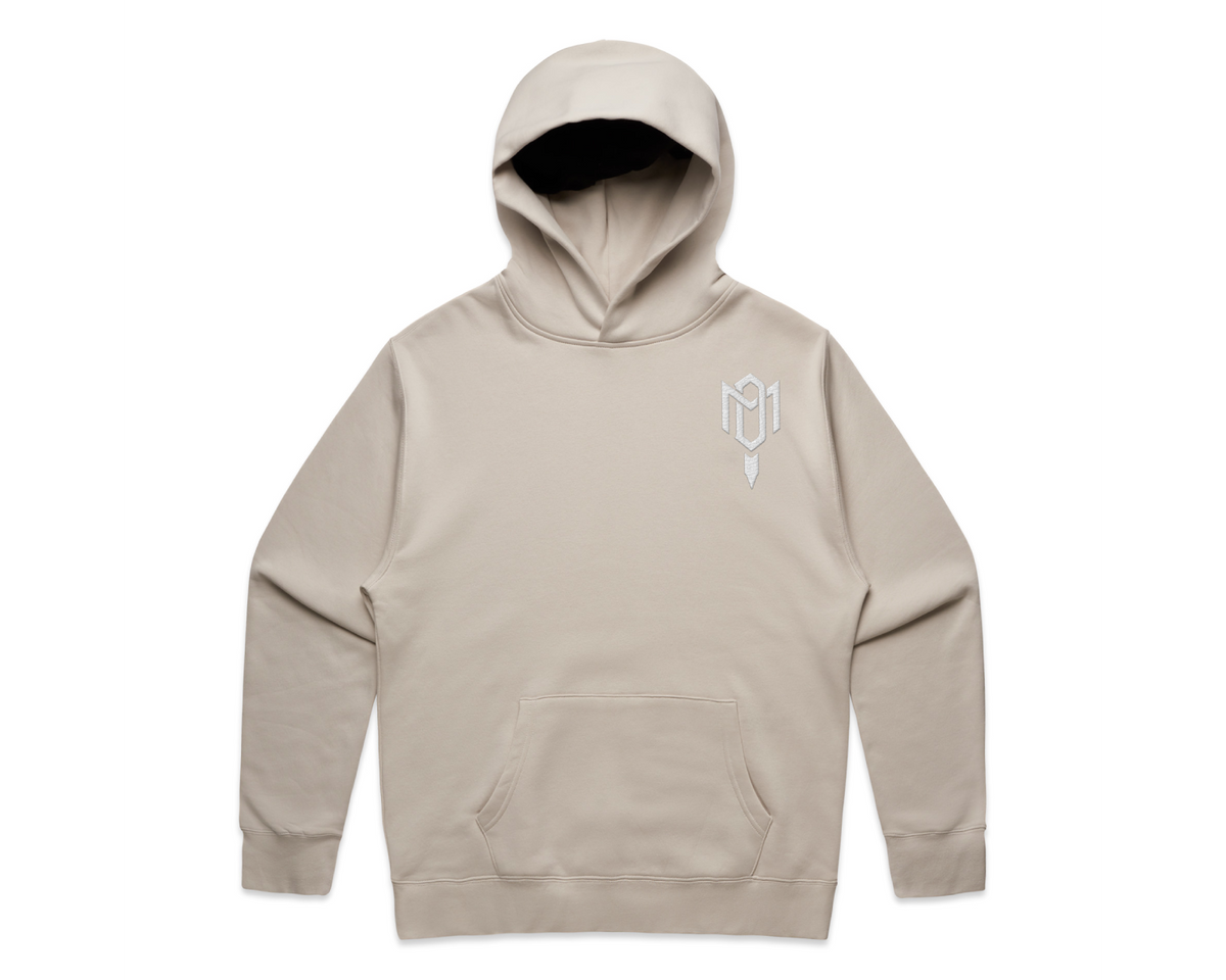 DMROZE 2.0 MEN'S HOODIES beige cotton fleece pullover with hood, kangaroo pocket and white embroidered chest logo