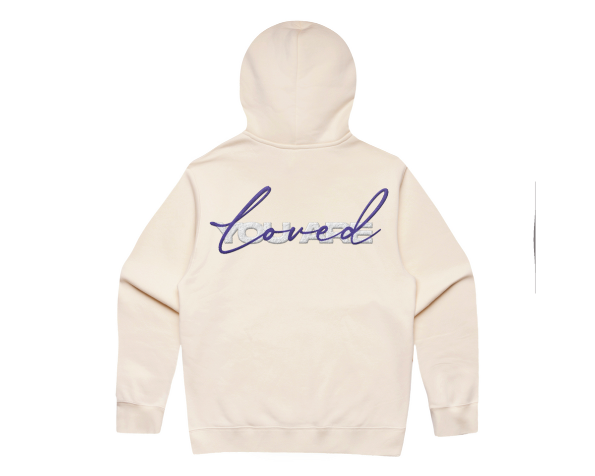 DMROZE 2.0 MEN'S HOODIES cream cotton fleece hoodie with purple embroidered Loved script on the front
