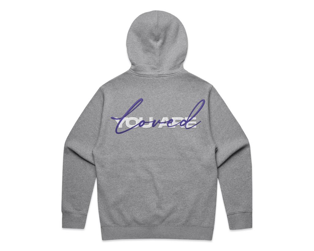 DMROZE 2.0 MEN'S HOODIES grey fleece pullover hoodie with embroidered purple and white back branding
