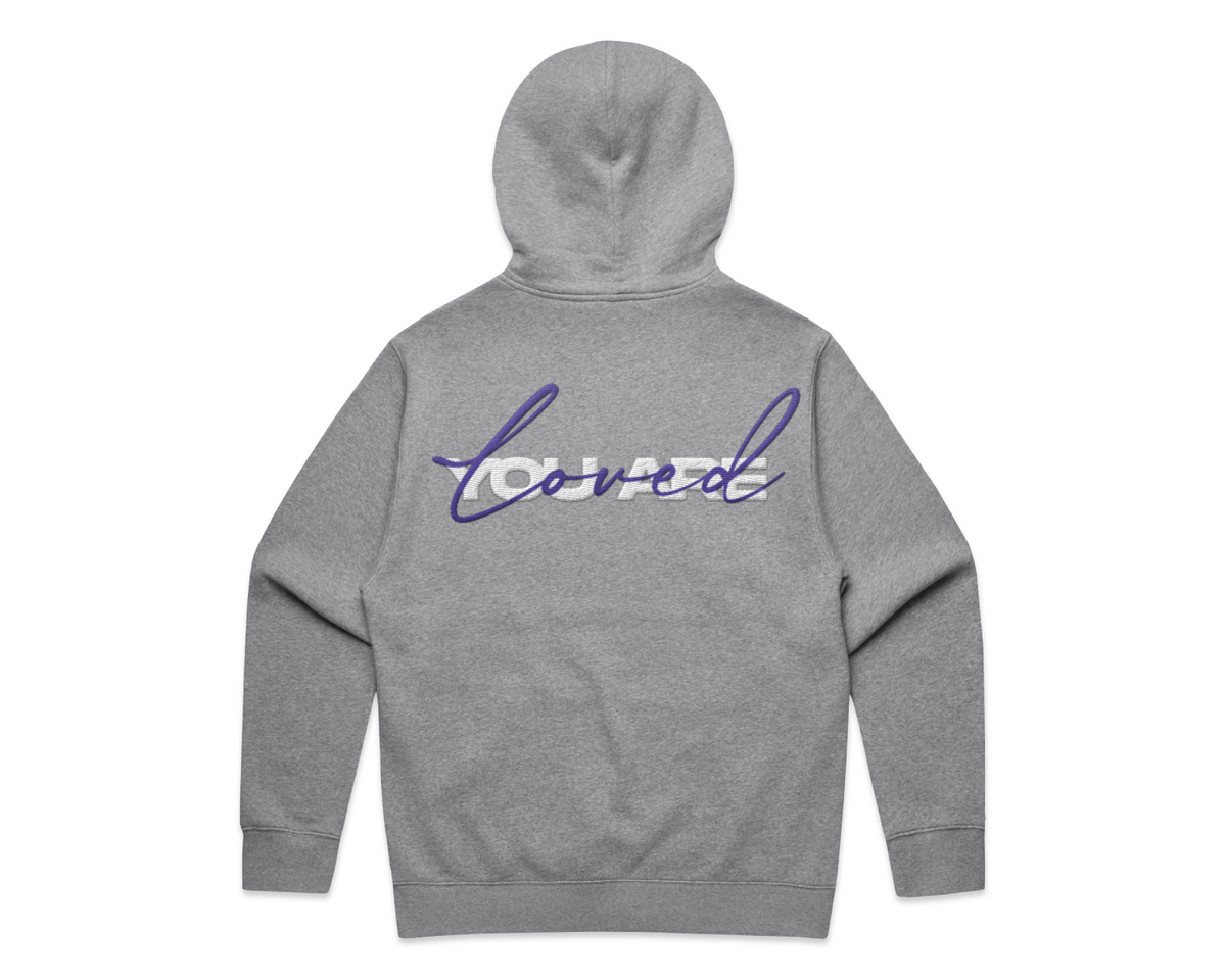 DMROZE 2.0 MEN'S HOODIES grey fleece pullover hoodie with embroidered purple and white back branding