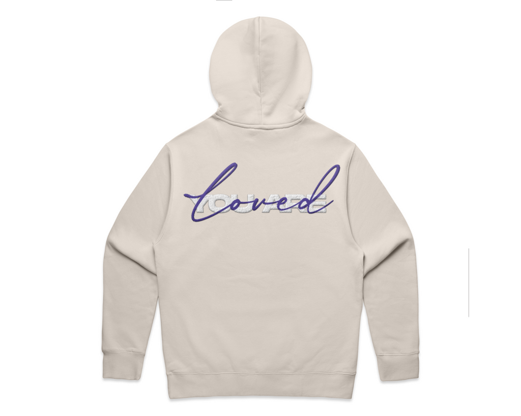 DMROZE 2.0 MEN'S HOODIES light beige cotton fleece hoodie with embroidered purple script on the back