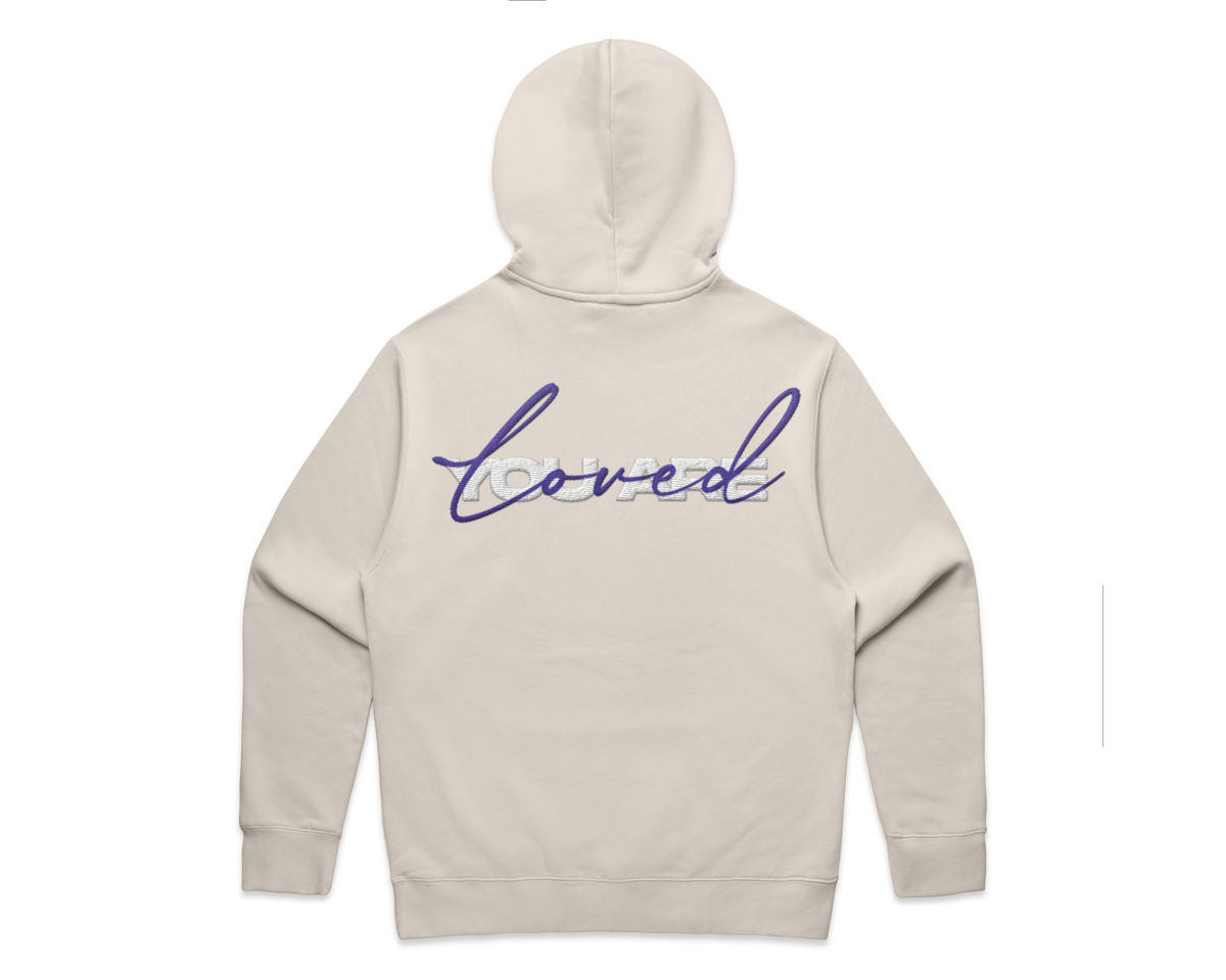 DMROZE 2.0 MEN'S HOODIES light beige cotton fleece hoodie with embroidered purple script on the back