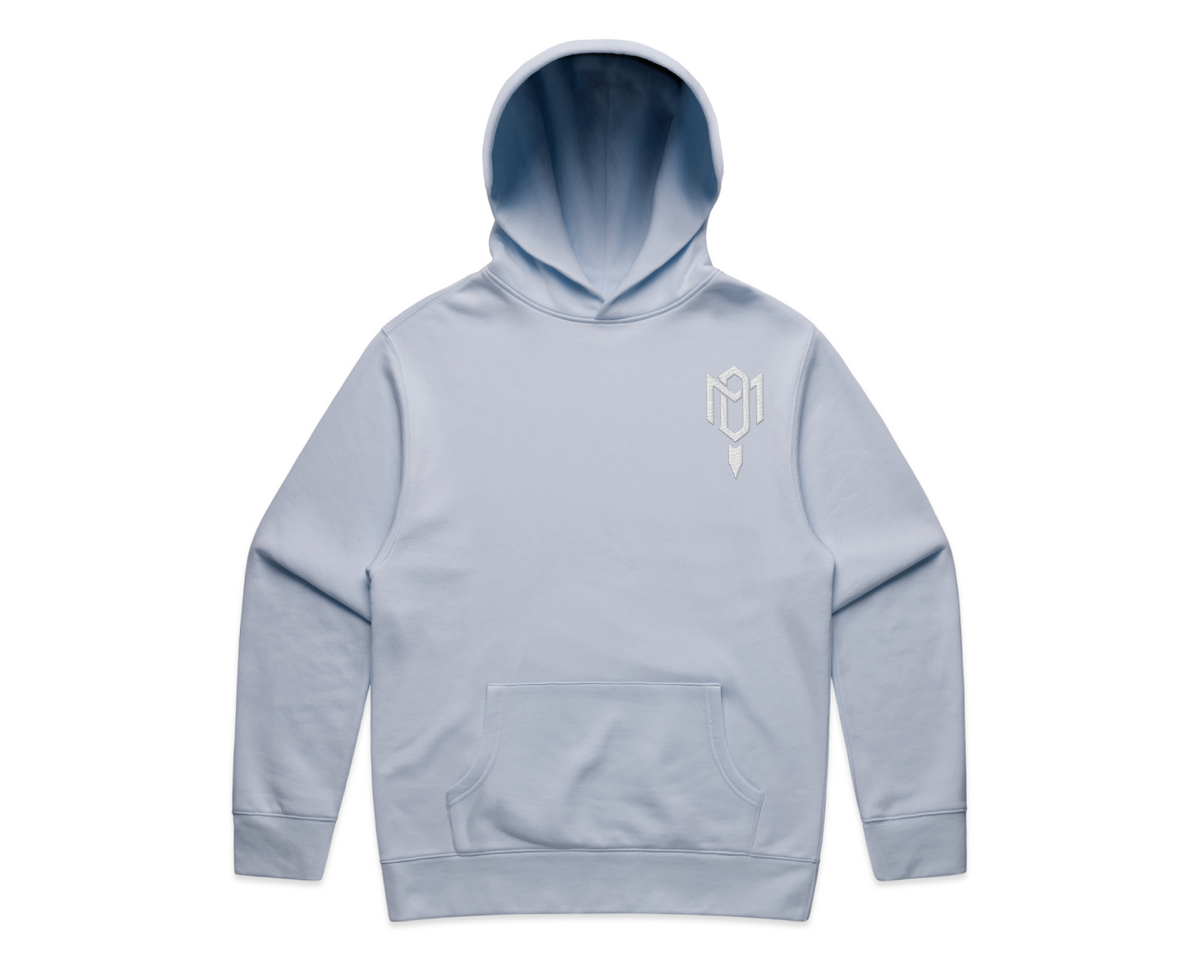 DMROZE 2.0 MEN'S HOODIES in light blue cotton fleece with embroidered chest logo and kangaroo pocket