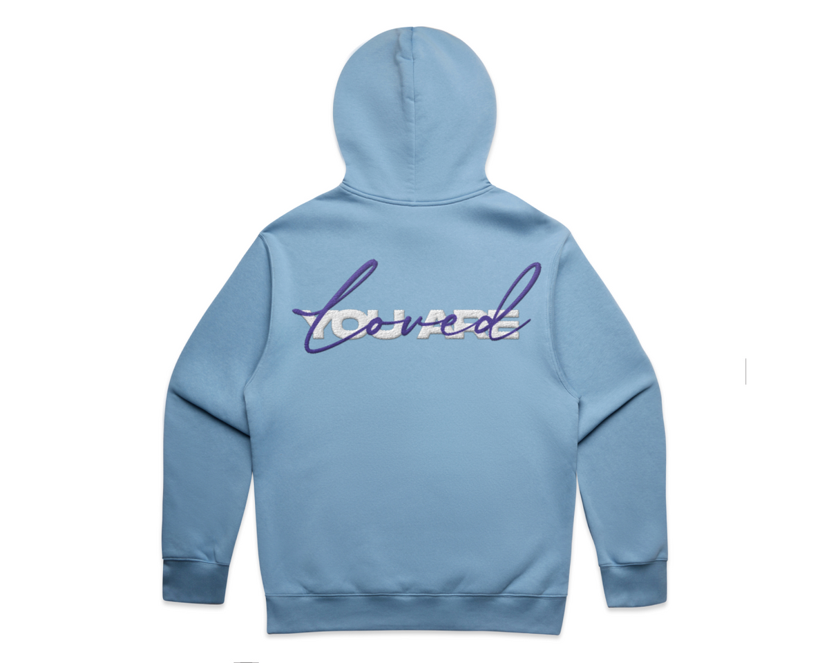 DMROZE 2.0 MEN'S HOODIES light blue fleece pullover hoodie with embroidered script branding on the back