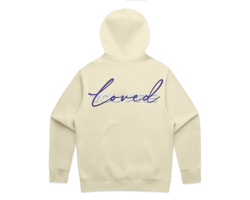 DMROZE 2.0 MEN'S HOODIES in light cream fleece with purple embroidered script on the back