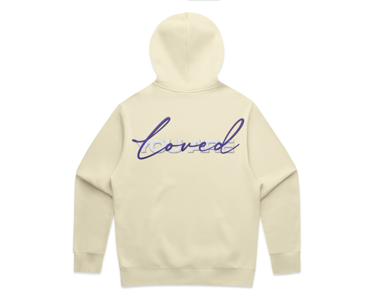 DMROZE 2.0 MEN'S HOODIES in light cream fleece with purple embroidered script on the back