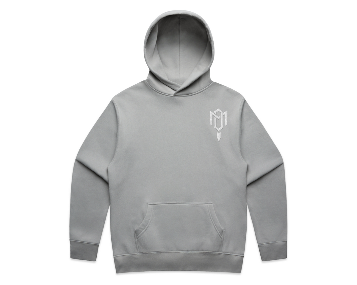 DMROZE 2.0 MEN'S HOODIES light grey cotton fleece pullover hoodie with white chest embroidery and kangaroo pocket