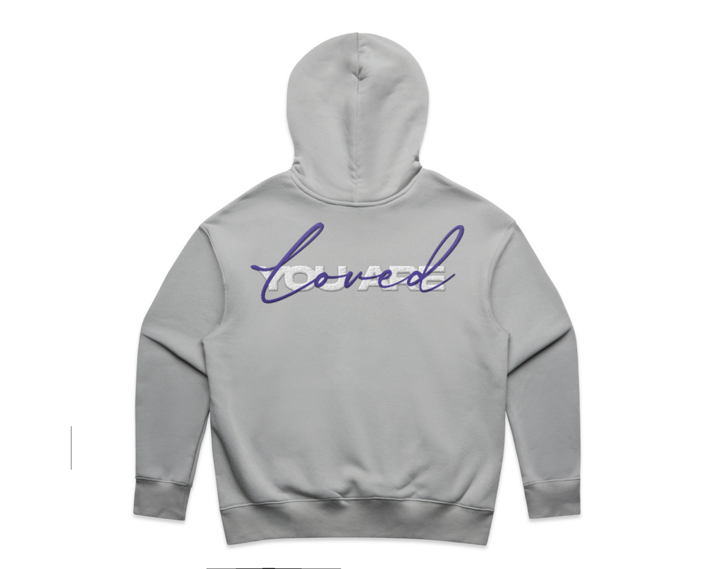 DMROZE 2.0 MEN'S HOODIES light grey cotton fleece hoodie with purple embroidered script on the back