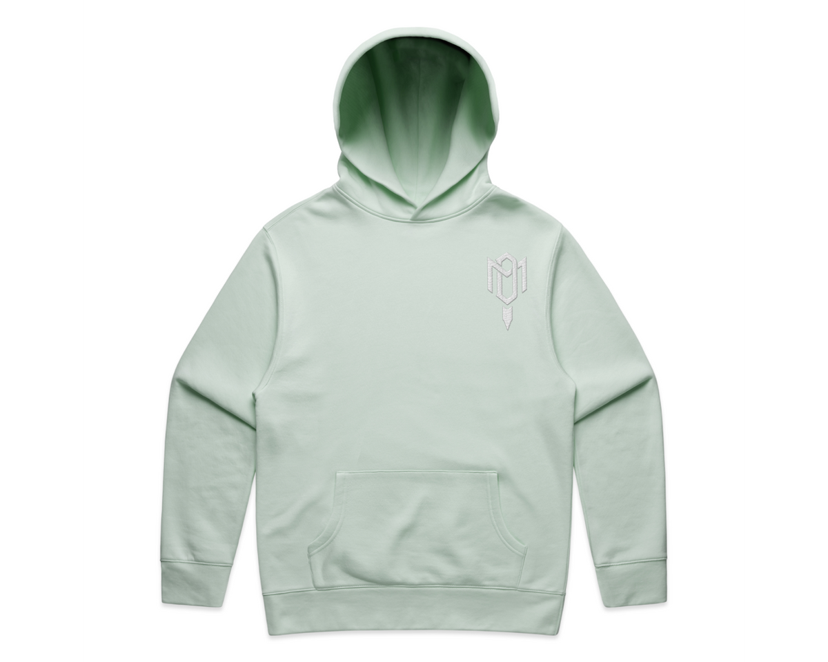 DMROZE 2.0 MEN'S HOODIES in pale mint green cotton fleece with embroidered chest logo and kangaroo pocket