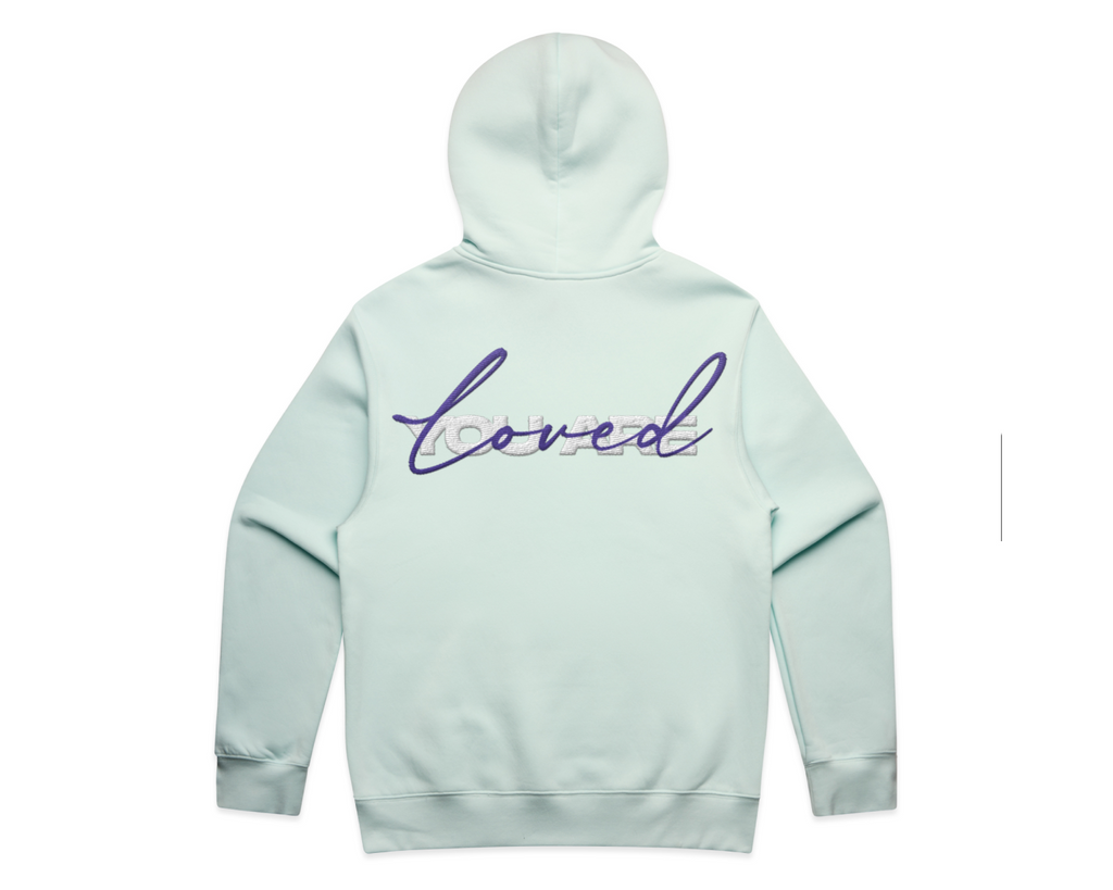 DMROZE 2.0 MEN'S HOODIES in pale mint fleece with purple embroidered script on the back and hood