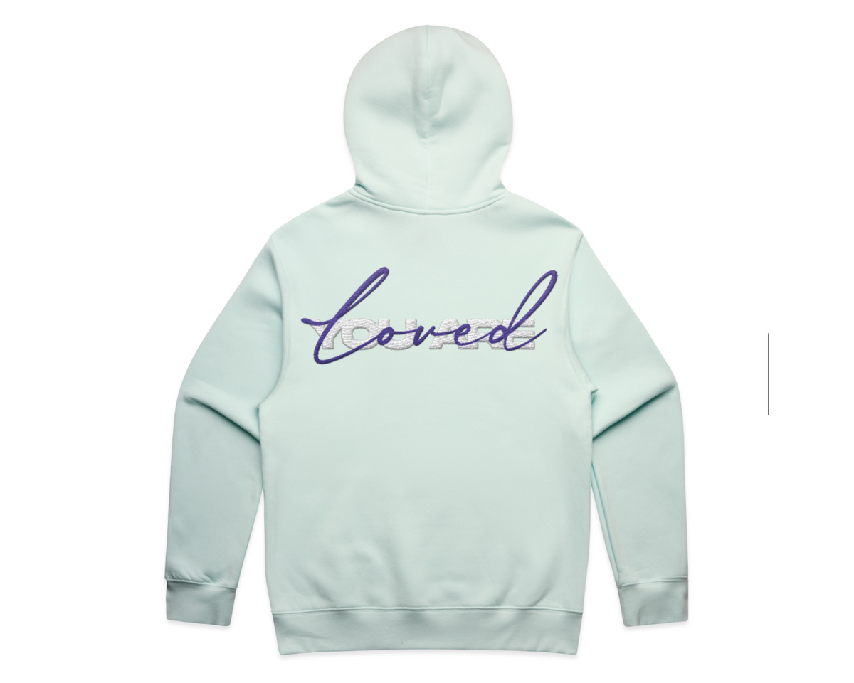 DMROZE 2.0 MEN'S HOODIES in pale mint fleece with purple embroidered script on the back and hood