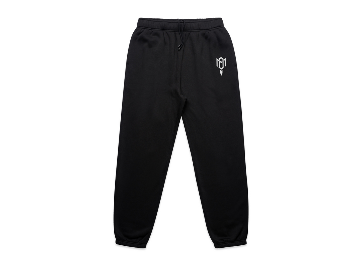 DMROZE 2.0 MENS TRACK SUITS: black fleece track pants with elasticated cuffs, drawstring waist and white embroidered logo.
