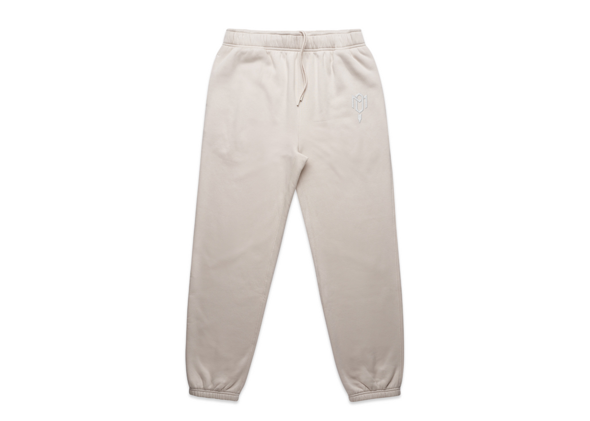 DMROZE 2.0 MENS TRACK SUITS sweatpants in light beige fleece, with elastic cuffs, a drawstring waist and subtle embroidery.