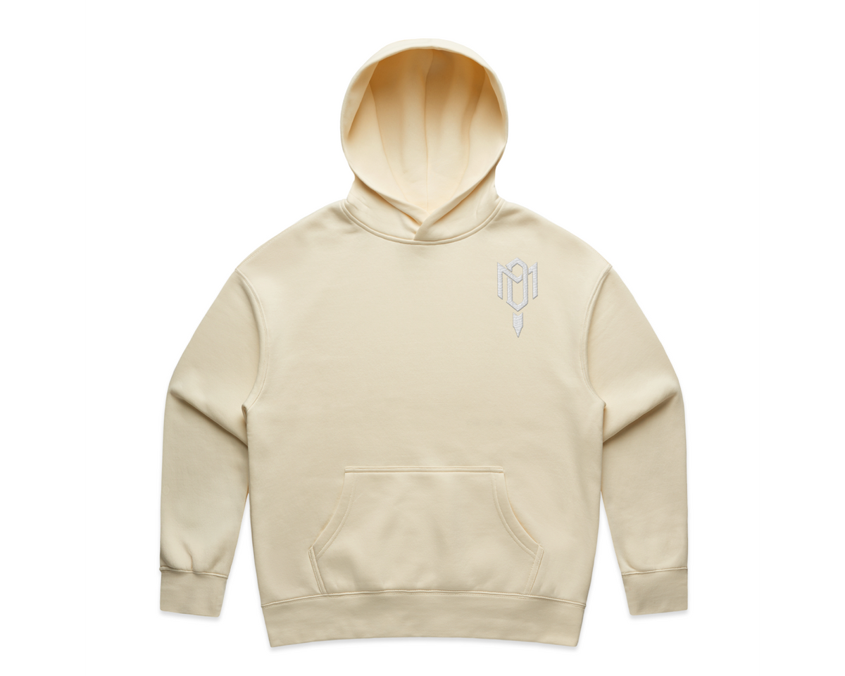 DMROZE 2.0 WOMEN'S HOODIES in beige mid-weight cotton blend fleece with kangaroo pocket and subtle front logo embroidery