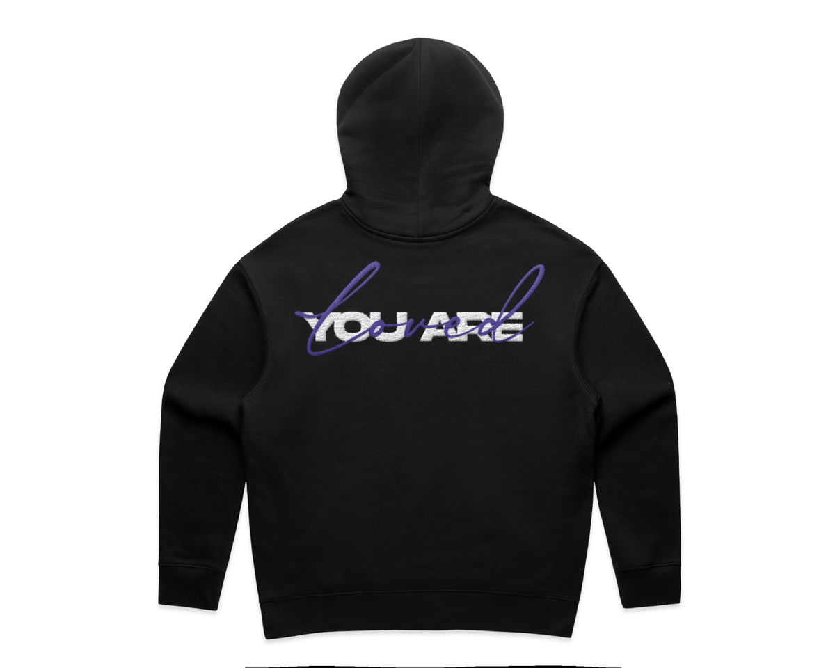Black cotton blend DMROZE 2.0 WOMEN'S HOODIES with purple and white embroidered text on the back, pullover style hoodie