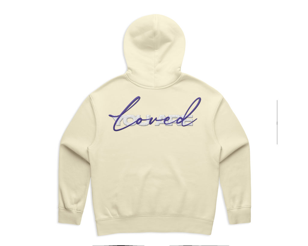 DMROZE 2.0 WOMEN'S HOODIES cream cotton blend pullover hoodie with purple embroidered 'loved' text on back