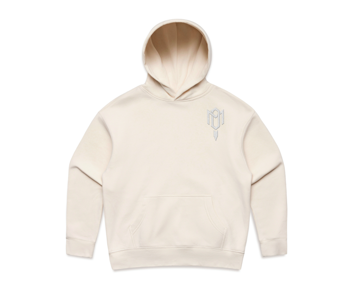 Cream-colored DMROZE 2.0 WOMEN'S HOODIES in mid weight cotton blend with embroidered logo on chest, kangaroo pocket