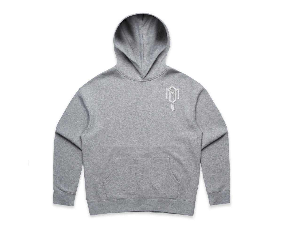 DMROZE 2.0 WOMEN'S HOODIES grey cotton blend pullover with relaxed fit, kangaroo pocket, hood, and subtle logo embroidery on chest