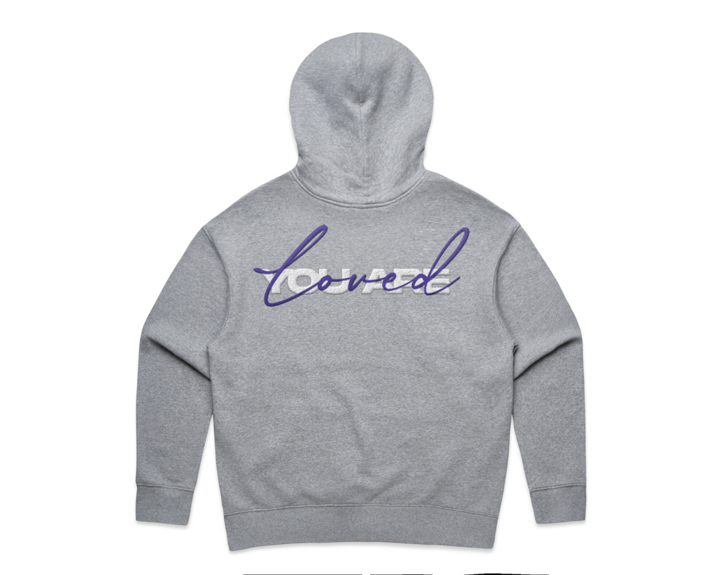 DMROZE 2.0 WOMEN'S HOODIES grey midweight cotton blend pullover hoodie with embroidered text 'loved' on back