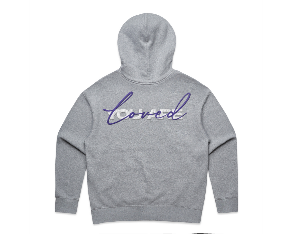 DMROZE 2.0 WOMEN'S HOODIES grey midweight cotton blend pullover hoodie with embroidered text 'loved' on back
