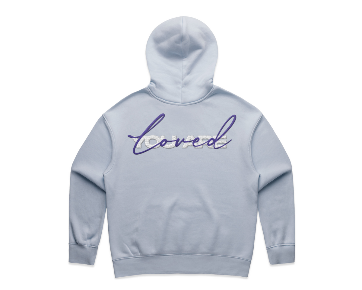 DMROZE 2.0 WOMEN'S HOODIES light blue cotton blend pullover with hood and purple embroidered 'loved' text on the back