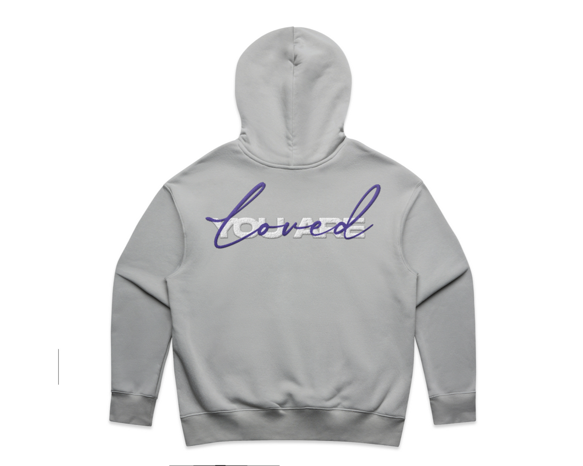 DMROZE 2.0 WOMEN'S HOODIES light grey cotton blend hoodie with relaxed fit, kangaroo pocket, and embroidered 'loved' text on back