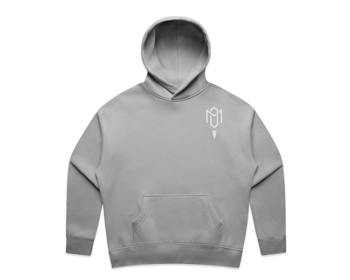 DMROZE 2.0 WOMEN'S HOODIES in light grey cotton blend fabric with a relaxed fit, pullover hood, kangaroo pocket, and subtle chest embroidery
